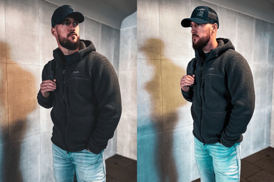 Tilak Nuuk – tmavá fleece mikina z Polartec Thermal Pro, městské prostředí, dvě perspektivy; kapsy na zip, pohodlný střih. Foto: Rigad